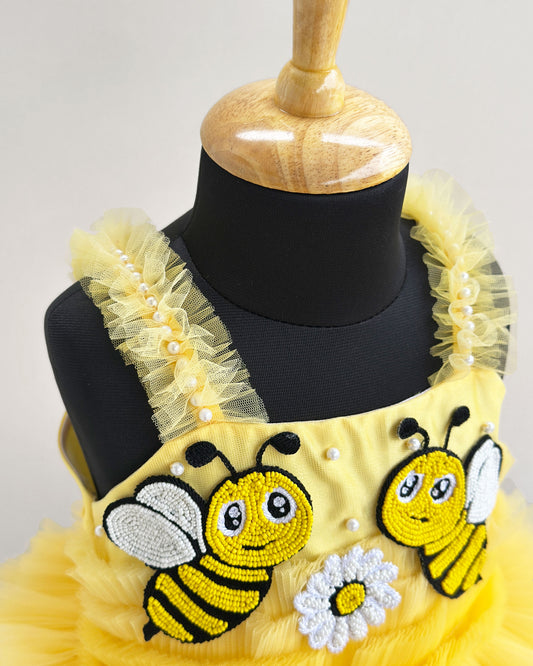 Baby girl birthday dress yellow black, honey bee theme frock, partywear