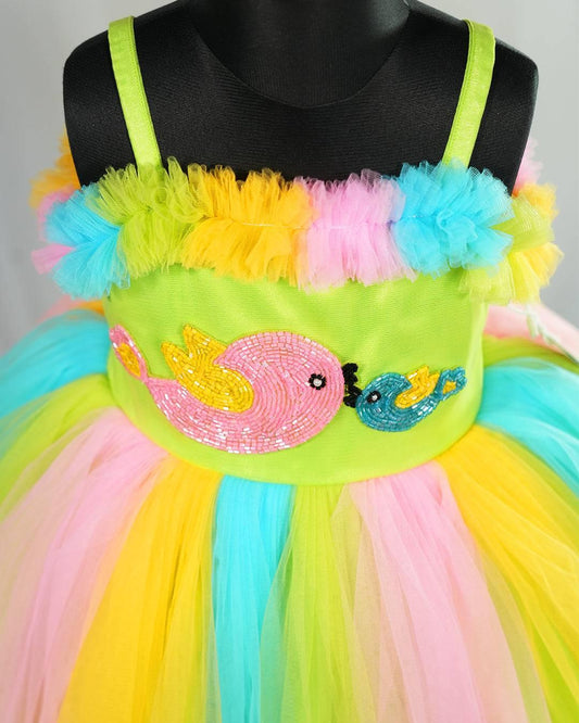 Pista Green Multi Shade Layered Bird Applique Birthday Frock