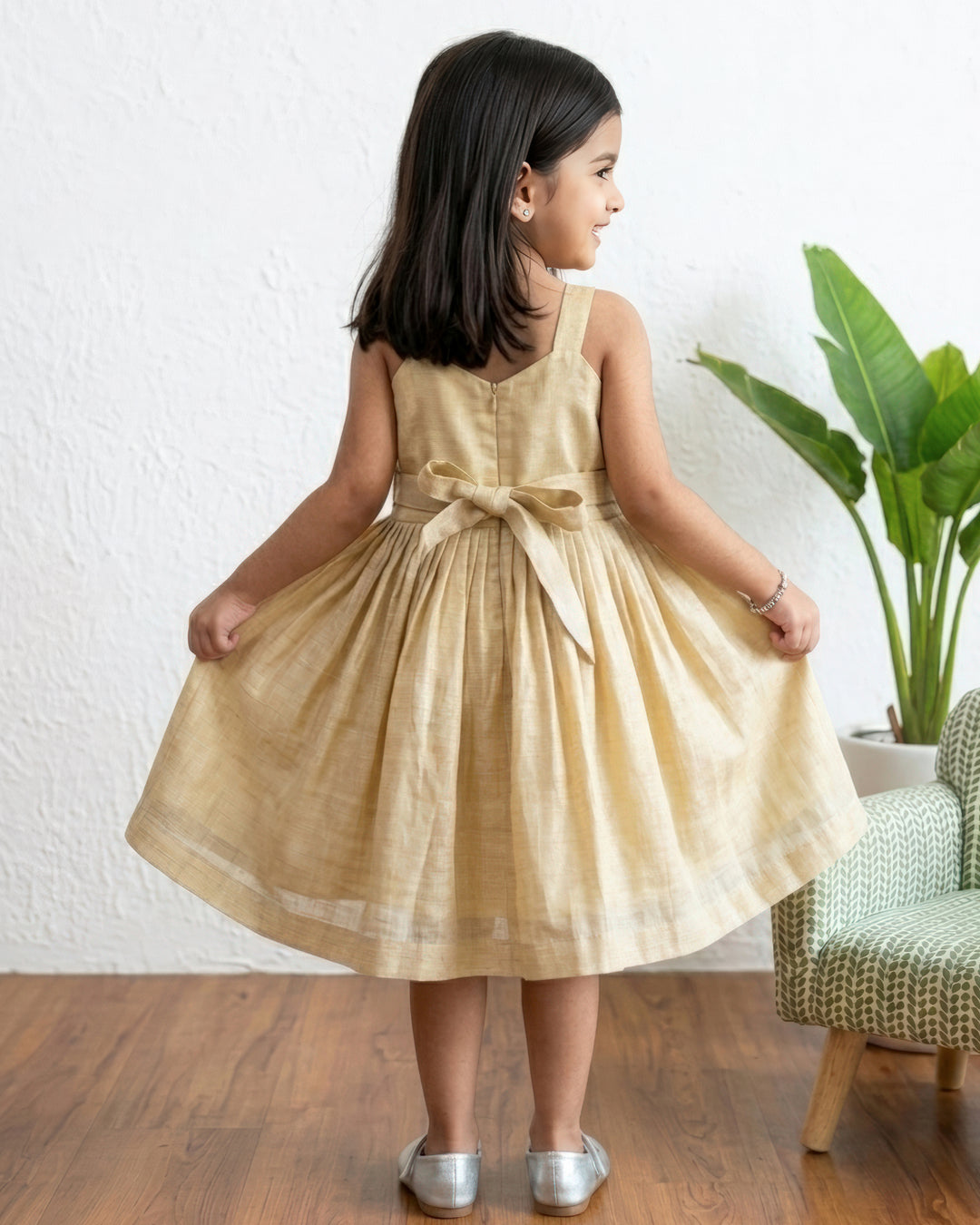 Stanwells Kids Kerala Kasavu frock for girls golden lotus Onam dress