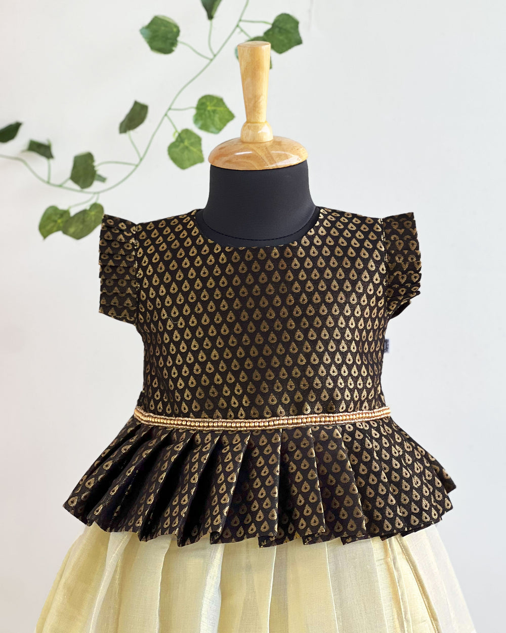 Kerala Kasavu black brocade baby girls birthday dress traditional lehenga set