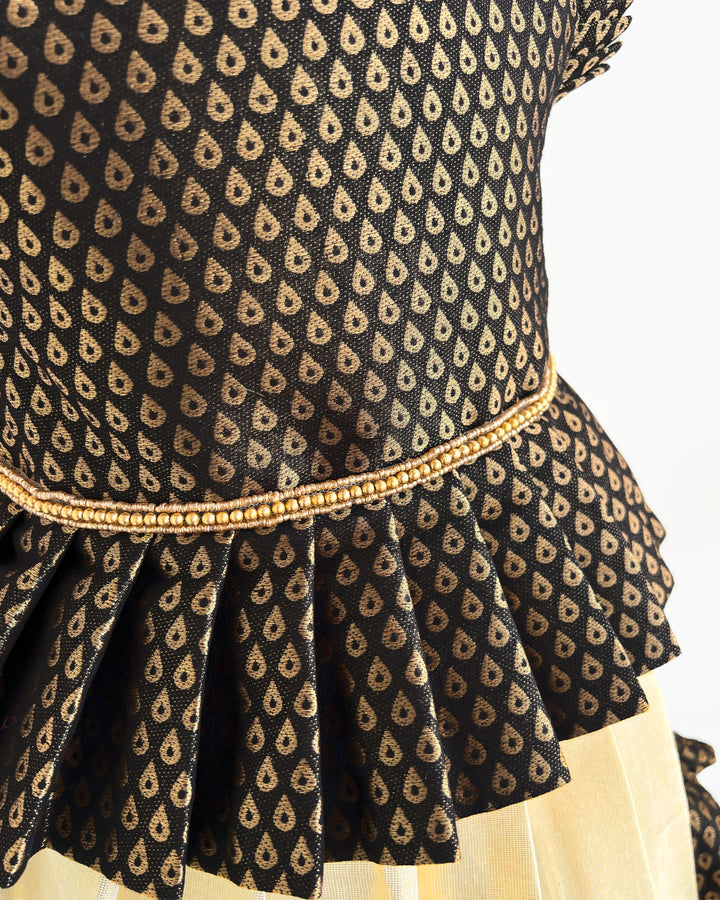 Kerala Kasavu black brocade baby girls birthday dress traditional lehenga set