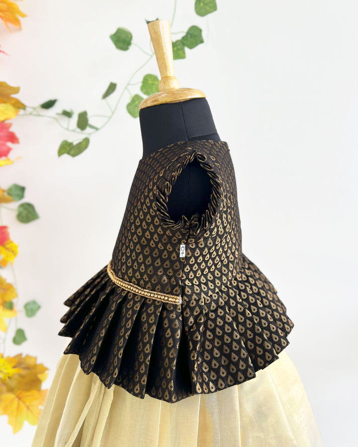 Kerala Kasavu black brocade baby girls birthday dress traditional lehenga set