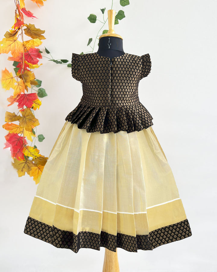 Kerala Kasavu black brocade baby girls birthday dress traditional lehenga set