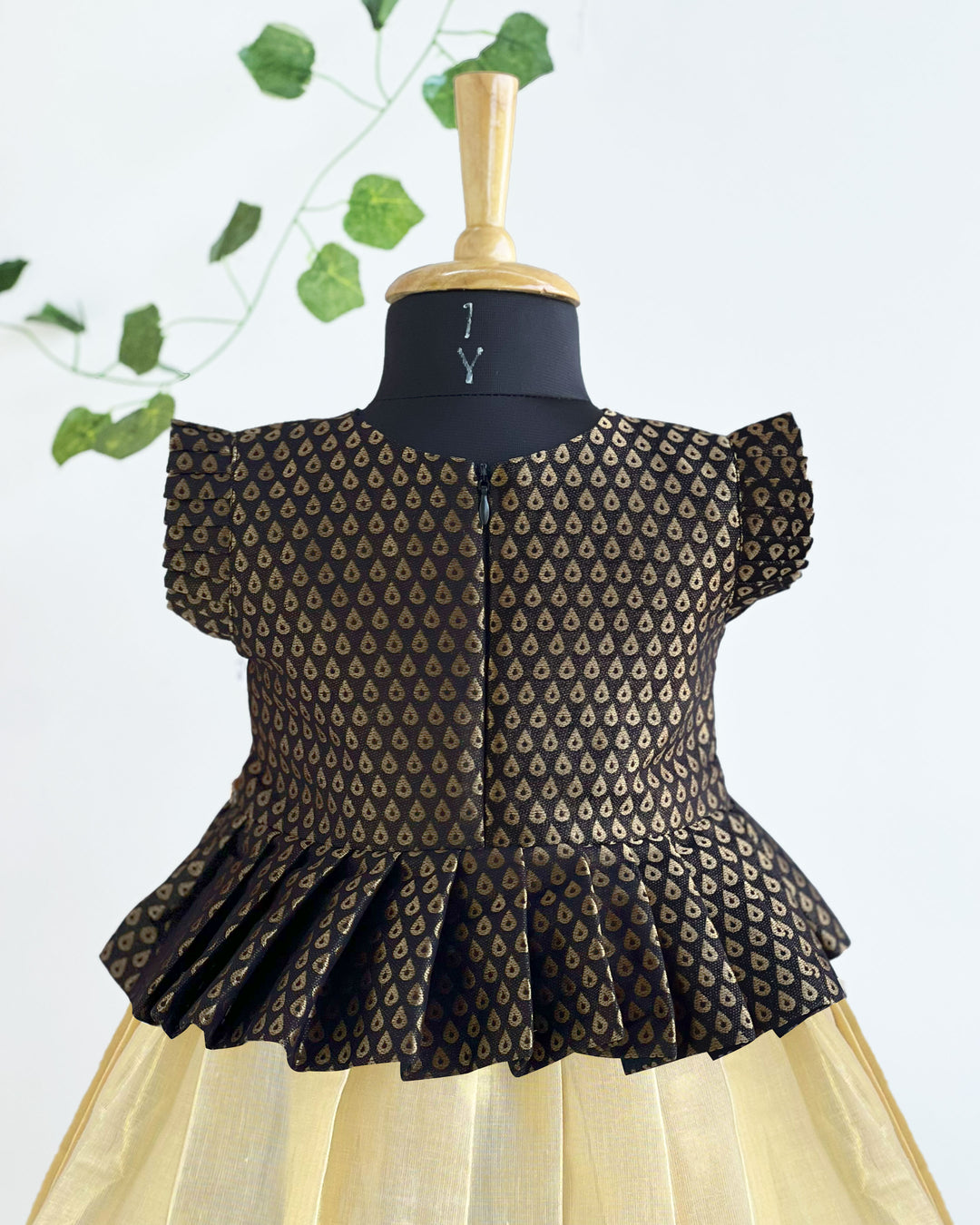 Kerala Kasavu black brocade baby girls birthday dress traditional lehenga set