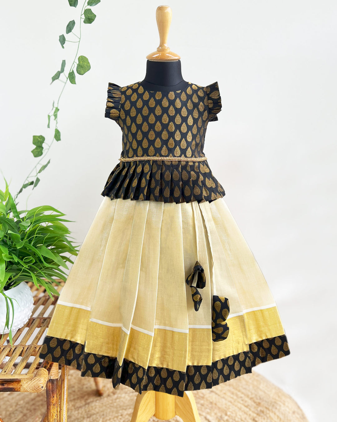Kerala Kasavu black brocade baby girls birthday dress traditional lehenga set