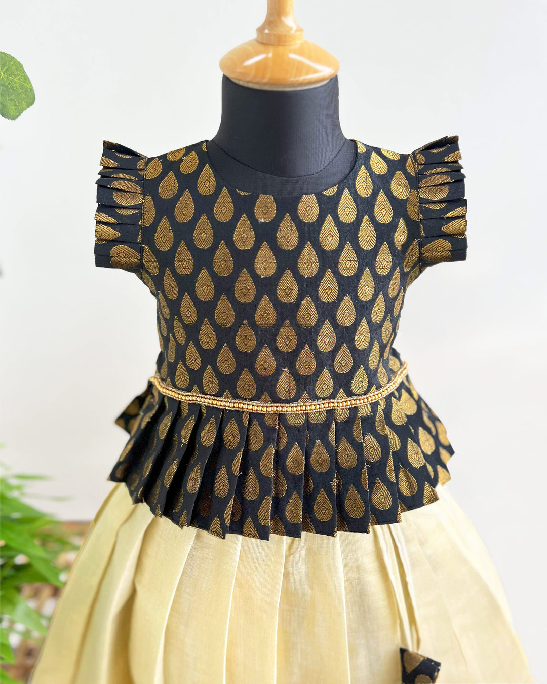 Kerala Kasavu black brocade baby girls birthday dress traditional lehenga set
