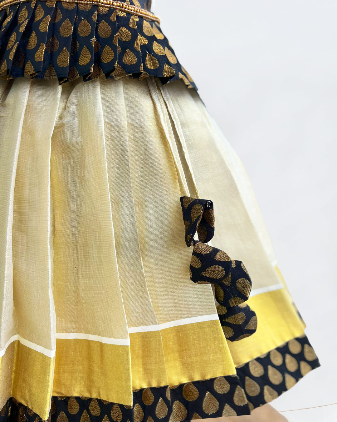 Kerala Kasavu black brocade baby girls birthday dress traditional lehenga set