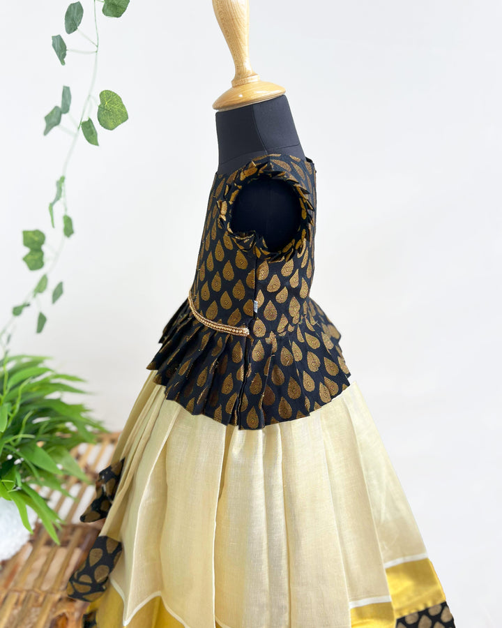 Kerala Kasavu black brocade baby girls birthday dress traditional lehenga set