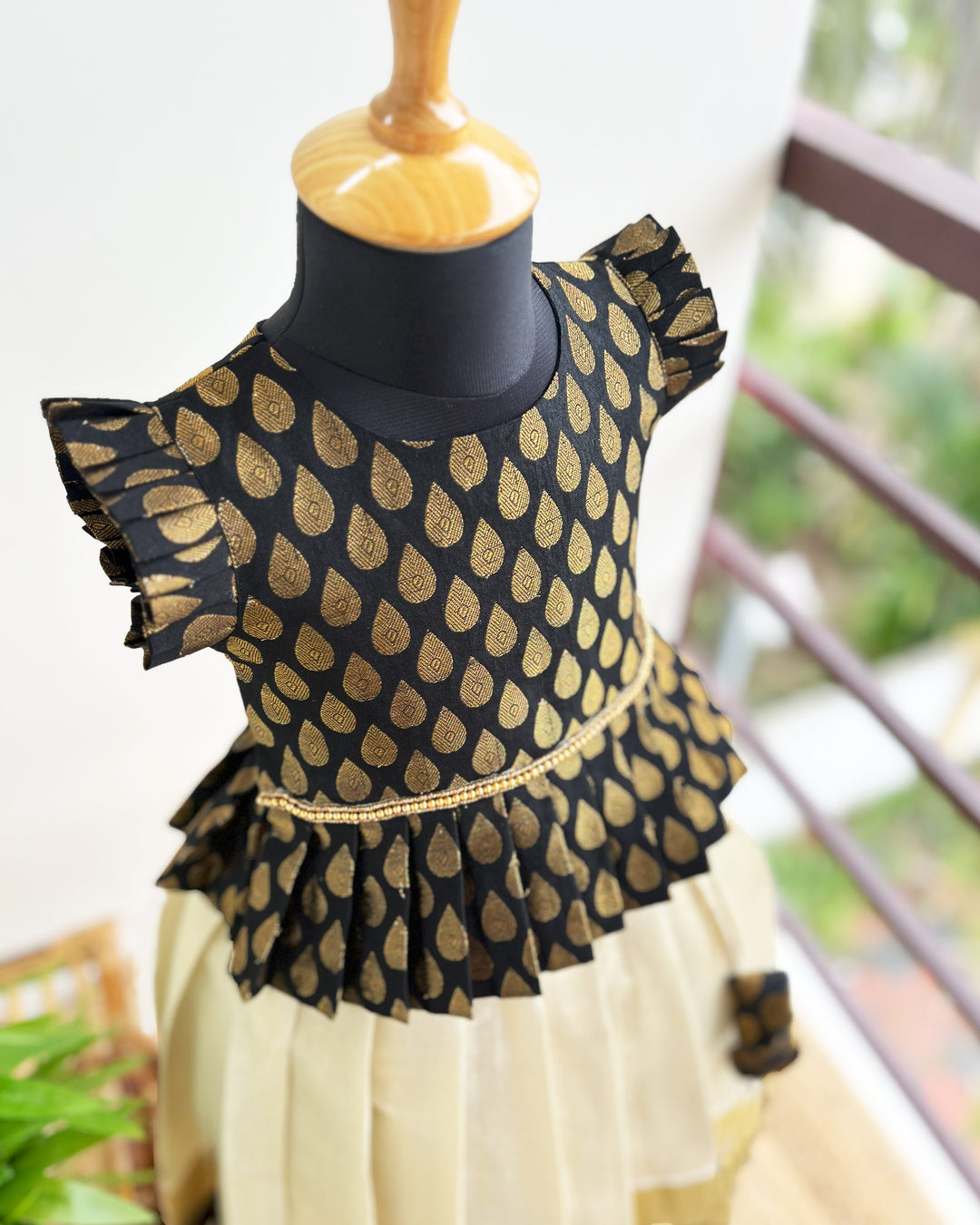 Kerala Kasavu black brocade baby girls birthday dress traditional lehenga set