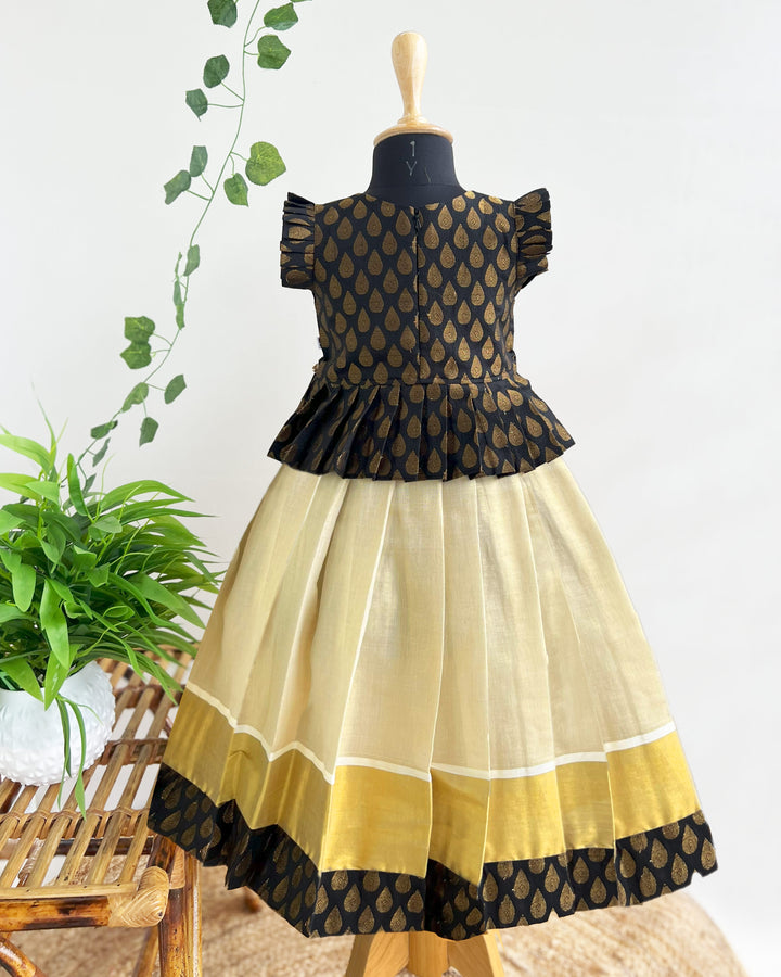 Kerala Kasavu black brocade baby girls birthday dress traditional lehenga set