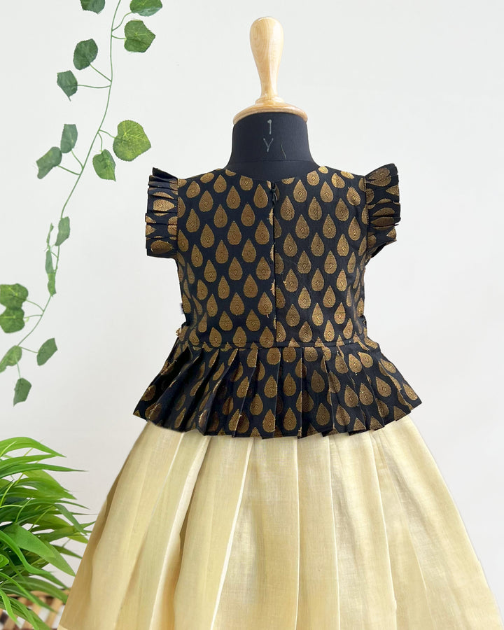 Kerala Kasavu black brocade baby girls birthday dress traditional lehenga set