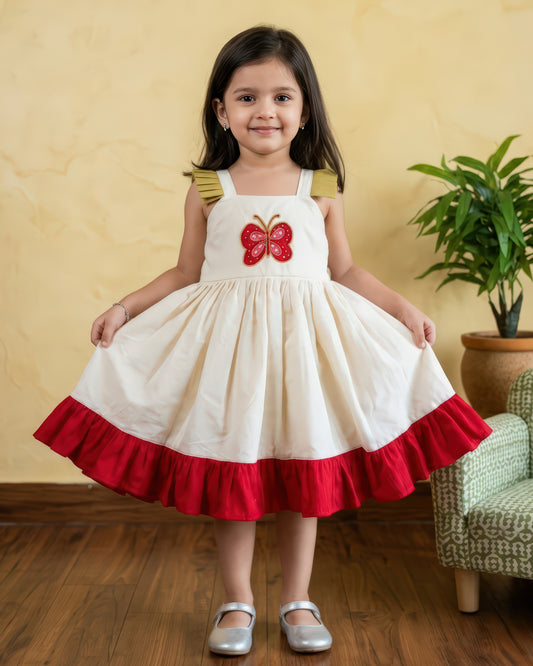 Kerala kasavu frock for girls cream butterfly applique Onam dress – Stanwells Kids