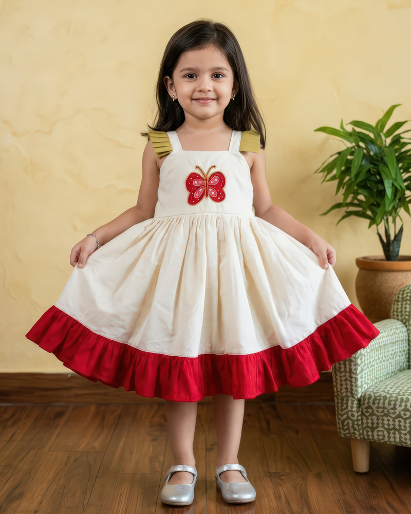 Kerala Kasavu Frock for Girls Cream – Butterfly Applique Onam Dress