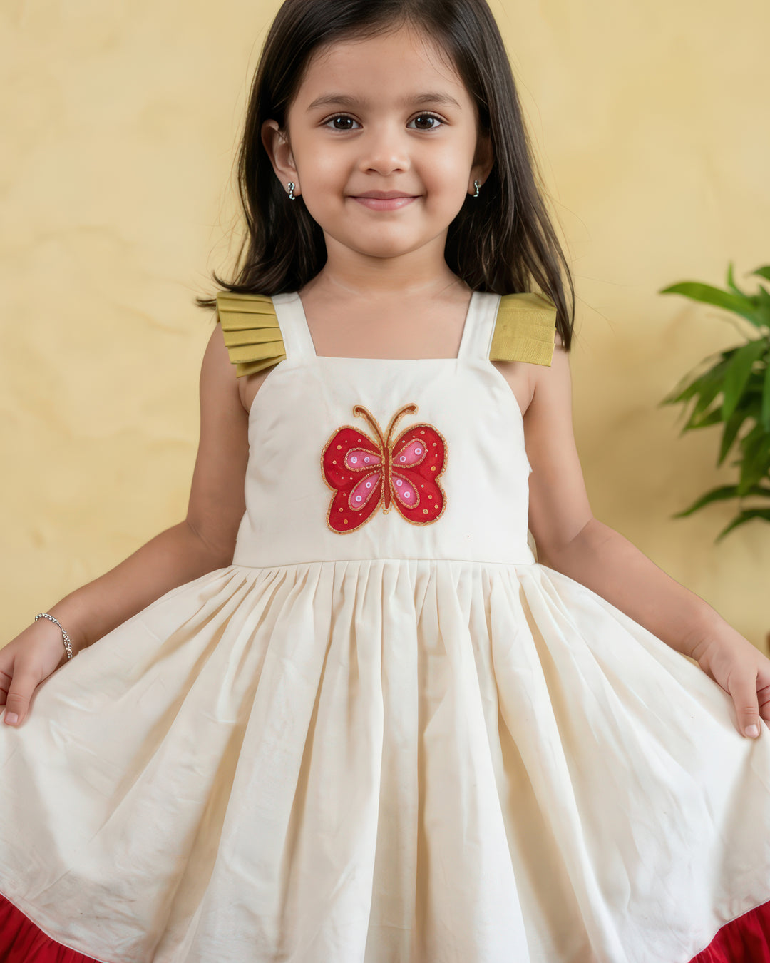 Stanwells Kids Kerala Kasavu frock for girls cream butterfly Onam dress