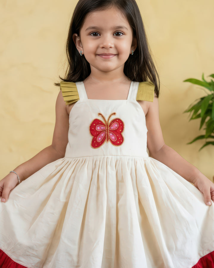 Stanwells Kids Kerala Kasavu frock for girls cream butterfly Onam dress