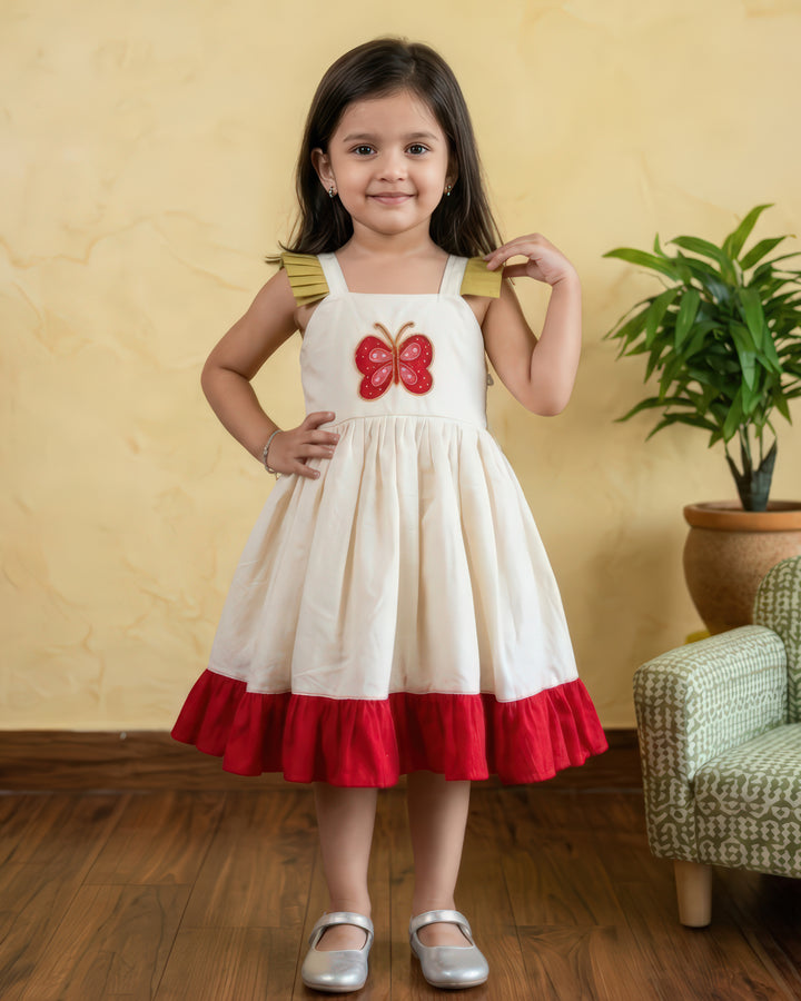 Stanwells Kids Kerala Kasavu frock for girls cream butterfly Onam dress
