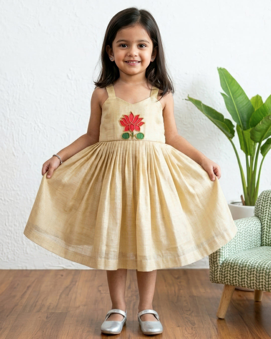 Stanwells Kids Kerala Kasavu frock for girls golden lotus Onam dress