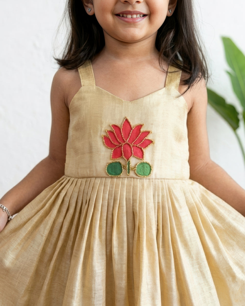 Stanwells Kids Kerala Kasavu frock for girls golden lotus Onam dress