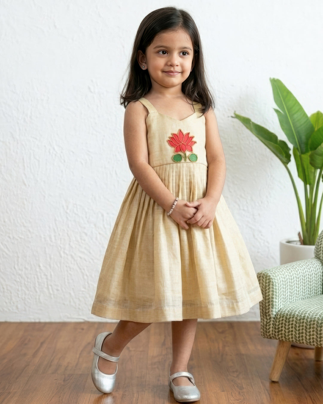 Stanwells Kids Kerala Kasavu frock for girls golden lotus Onam dress