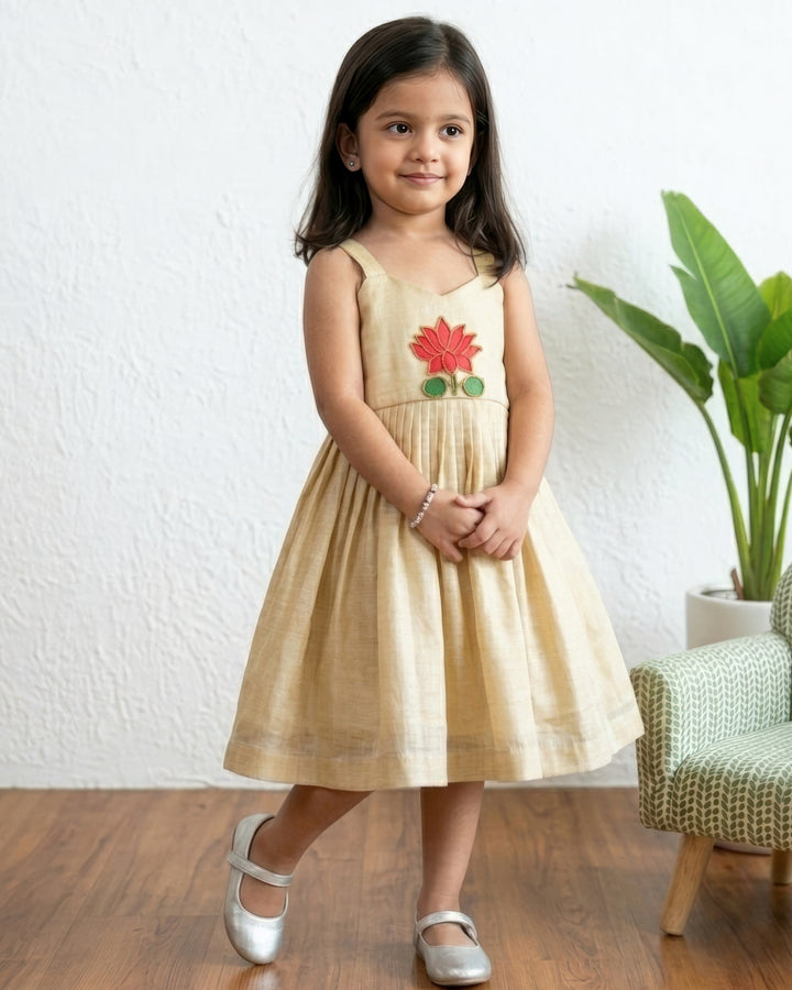 Stanwells Kids Kerala Kasavu frock for girls golden lotus Onam dress