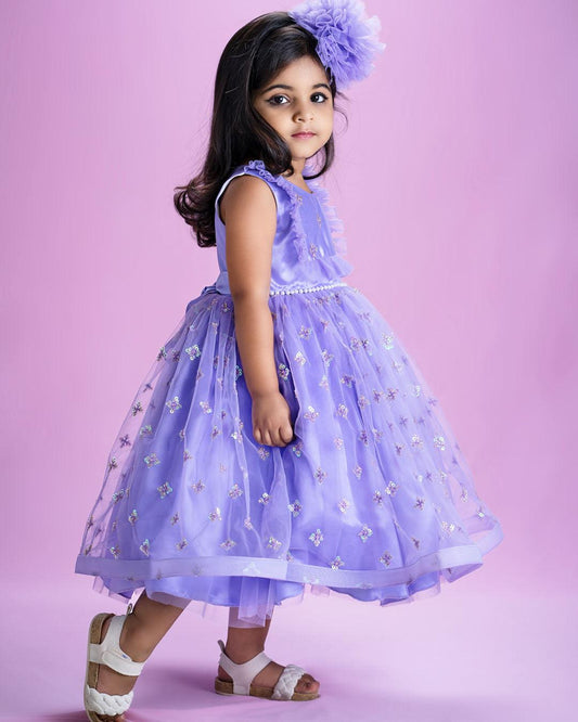 Lavender sequins ruffles partywear frock side view baby girl – Stanwells Kids
