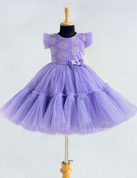 Lavender Shade Pleated Thread Embroidery Bow Frock