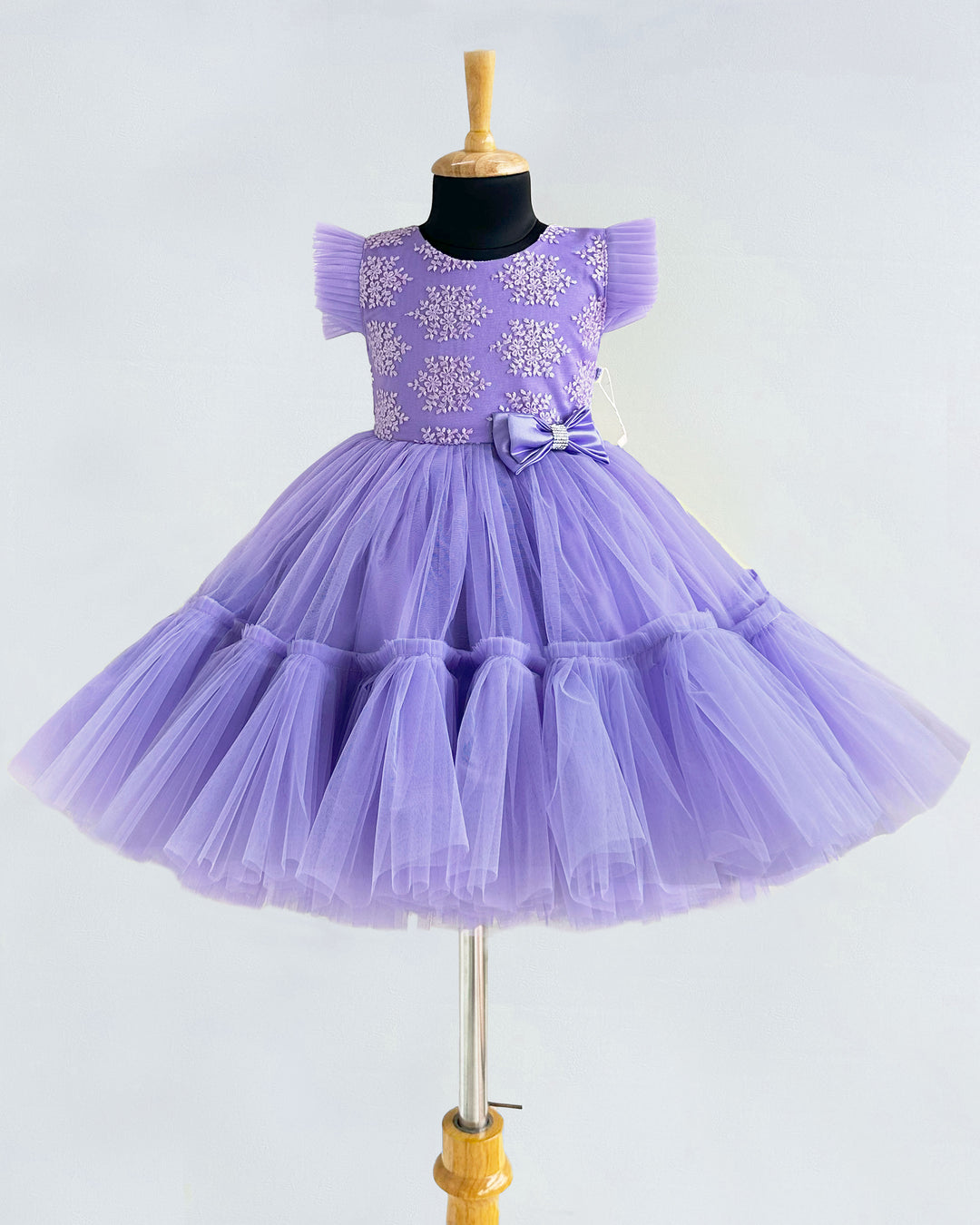 Lavender pleated thread embroidery bow birthday dress for baby girls