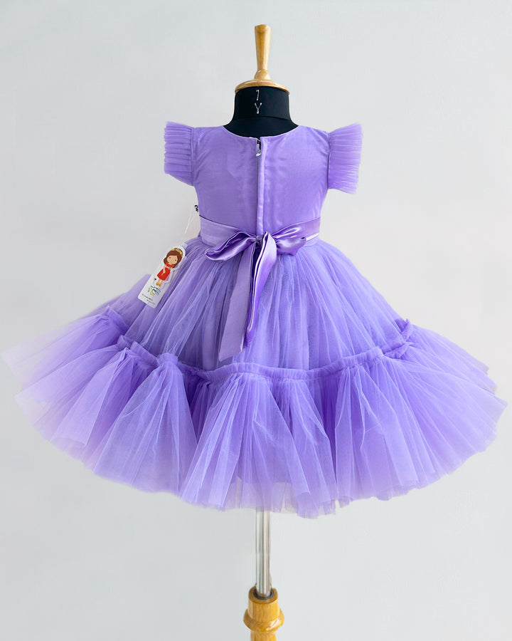 Lavender pleated thread embroidery bow birthday dress for baby girls