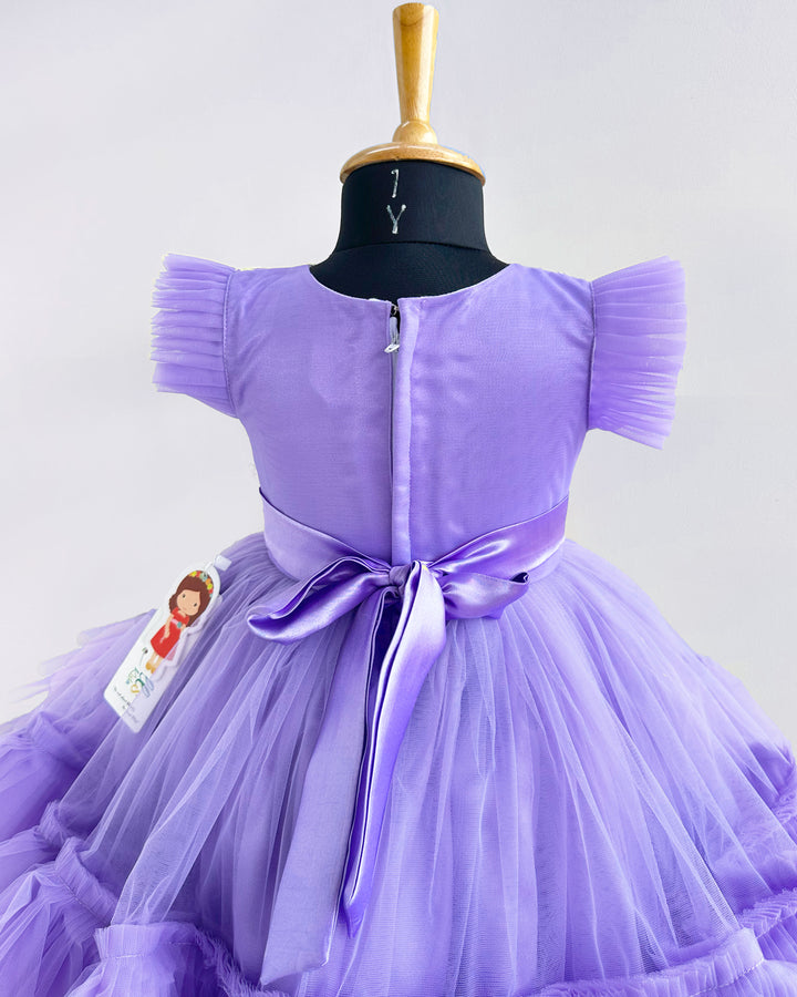 Lavender pleated thread embroidery bow birthday dress for baby girls