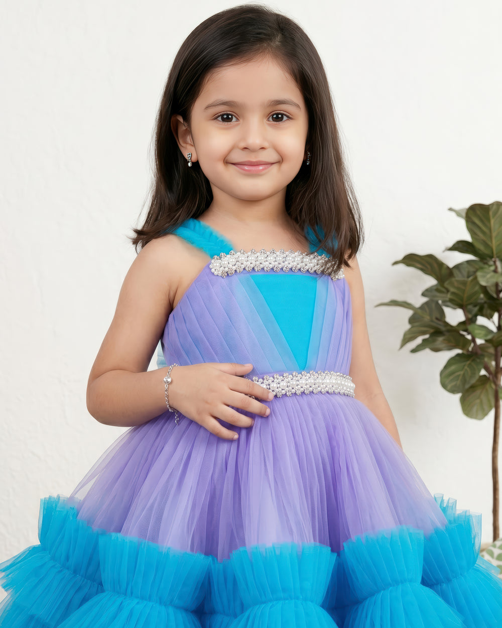 Lavender skyblue baby girls birthday dress with handwork pleated ruffles party frock