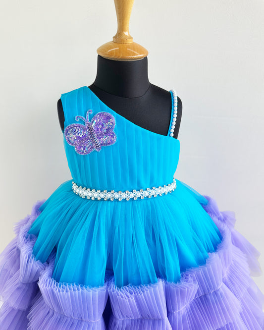 Lavender Skyblue Baby Girls Birthday Dress - Butterfly Ruffle Frock by Stanwells Kids