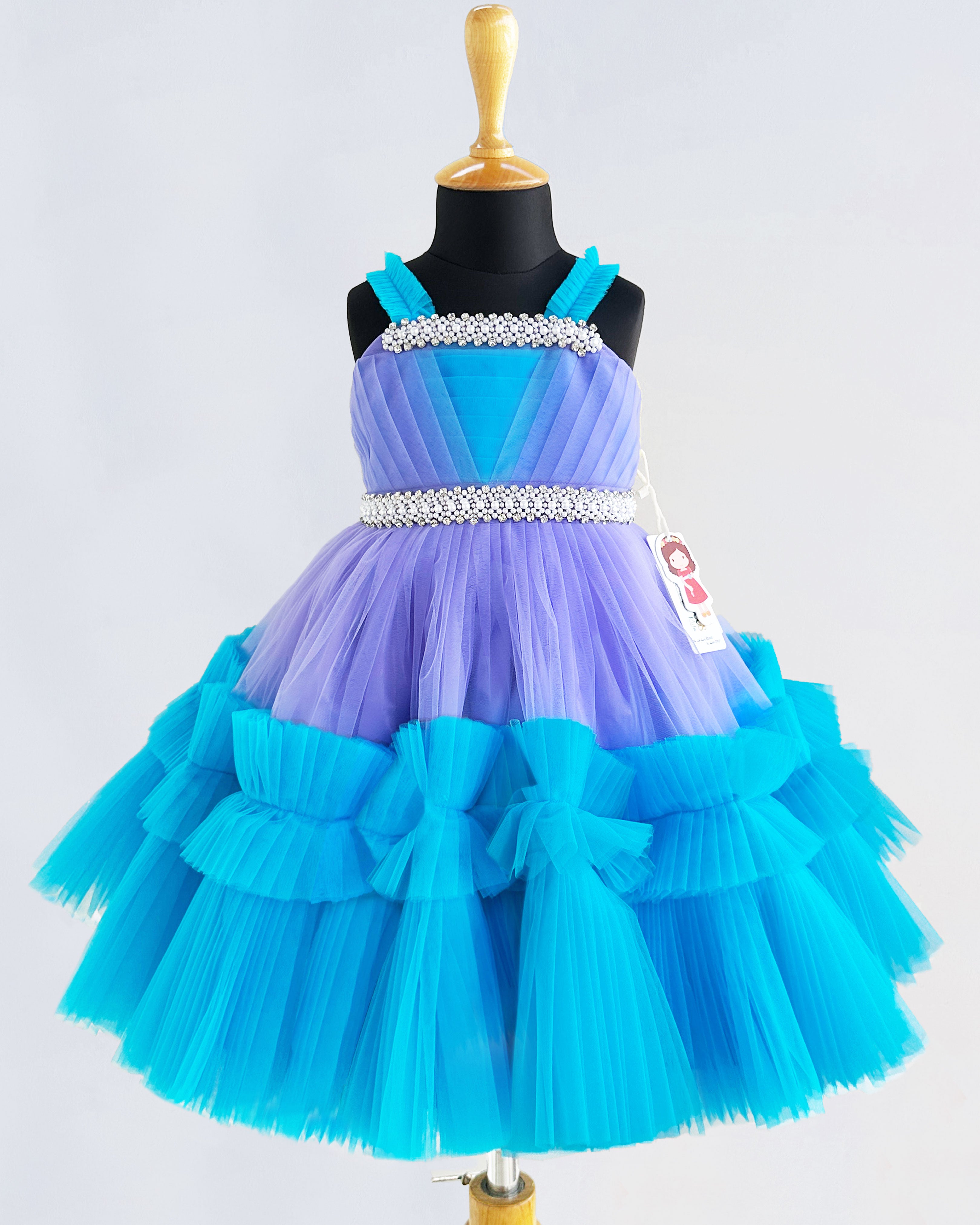 Lavender & Skyblue Combo Handwork Pleated Ruffles Birthday Frock