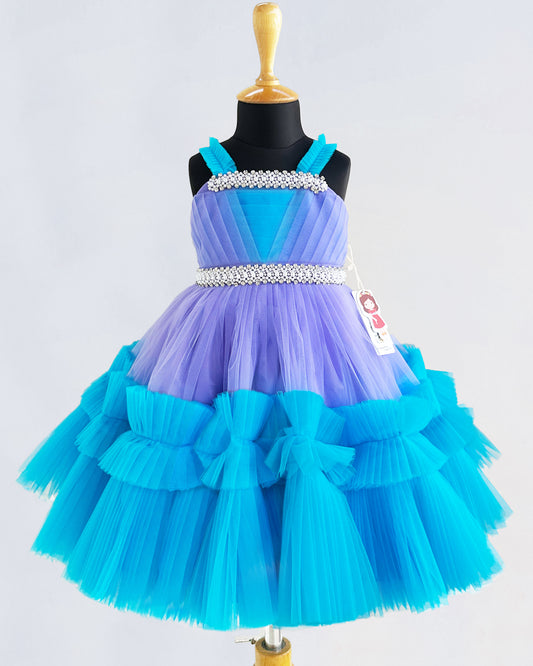 Lavender skyblue baby girls birthday dress with handwork pleated ruffles party frock