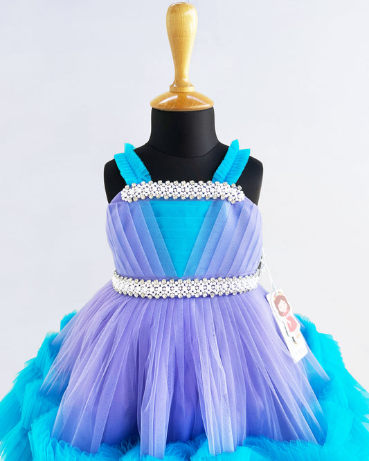 Lavender skyblue baby girls birthday dress with handwork pleated ruffles party frock