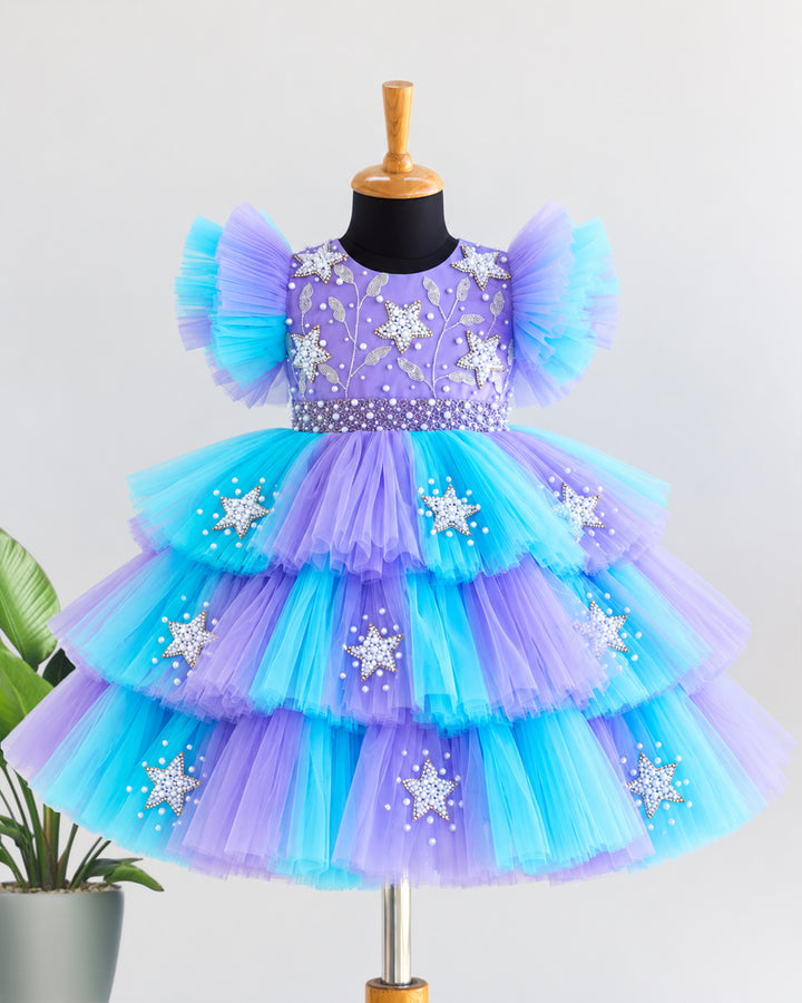 Lavender Skyblue Pleated Yoke Handwork Birthday Frock – Stanwells Kids