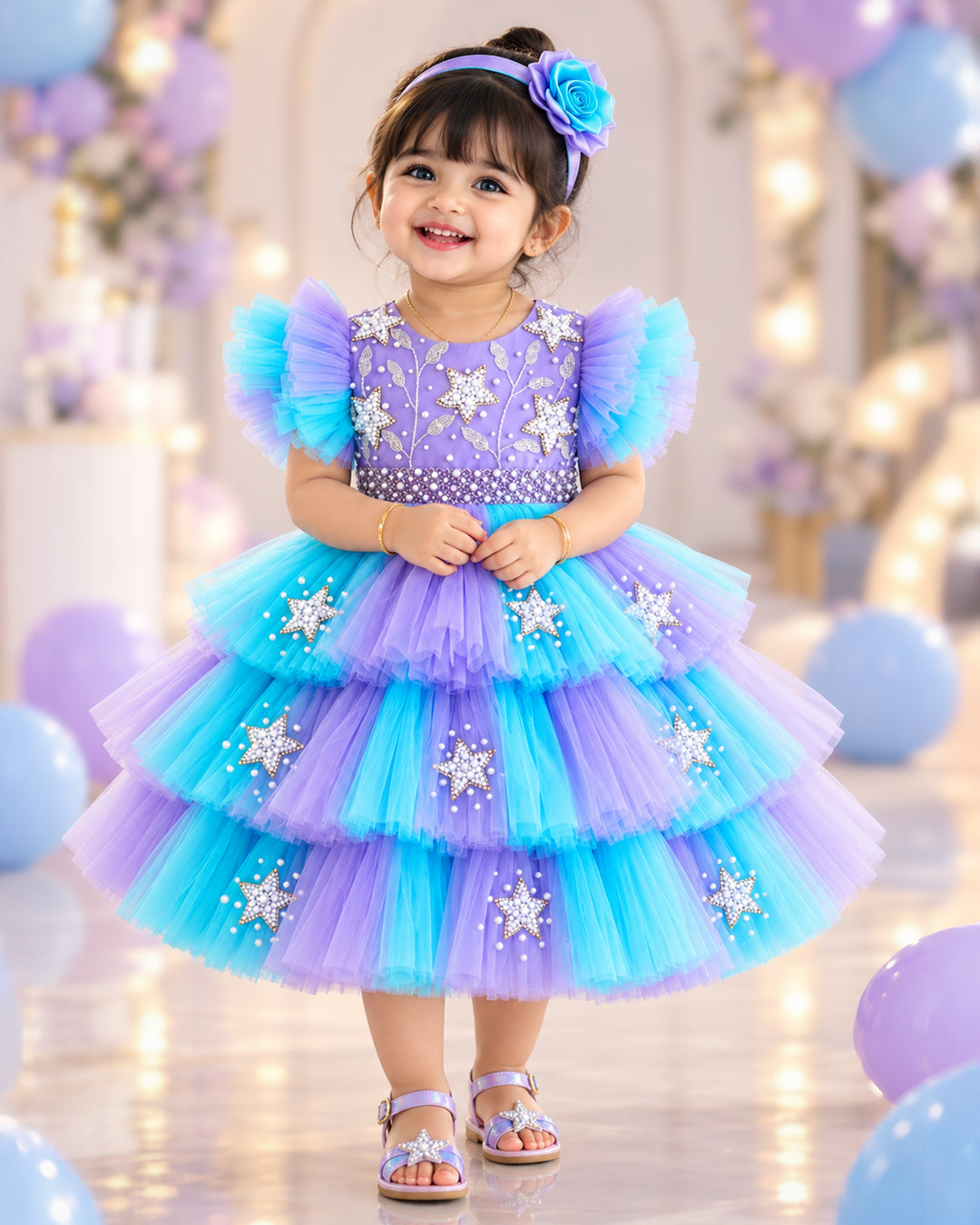 Lavender &amp; Skyblue Star Nakshatra Handwork Frock for Baby Girl – Stanwells Kids