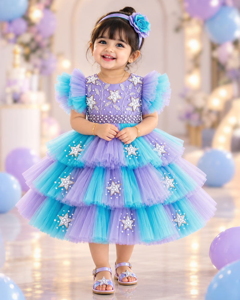 Lavender & Skyblue Star Nakshatra Handwork Frock for Baby Girl – Stanwells Kids