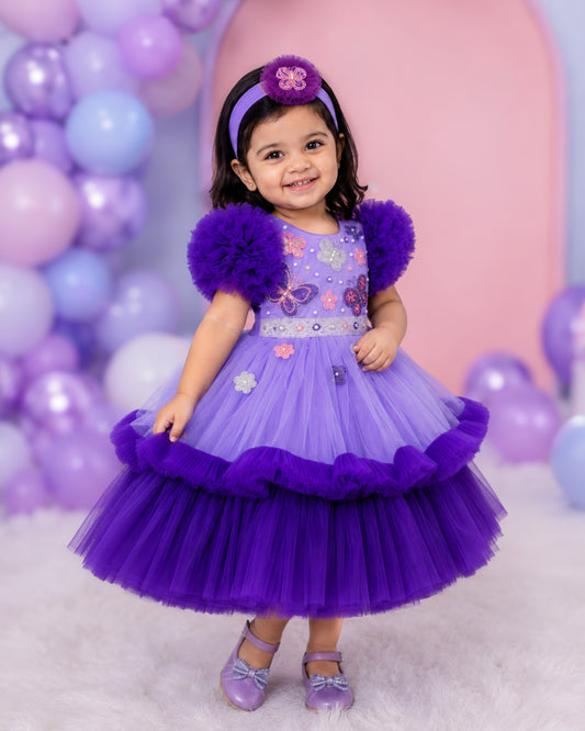 Lavender & Violet Combo Handwork Butterfly theme Partywear Birthday Frock