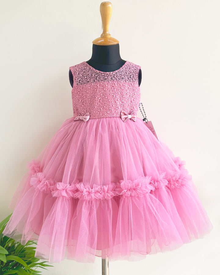 Light Peach Shade Embroidery Party wear Ruffles Birthday frock