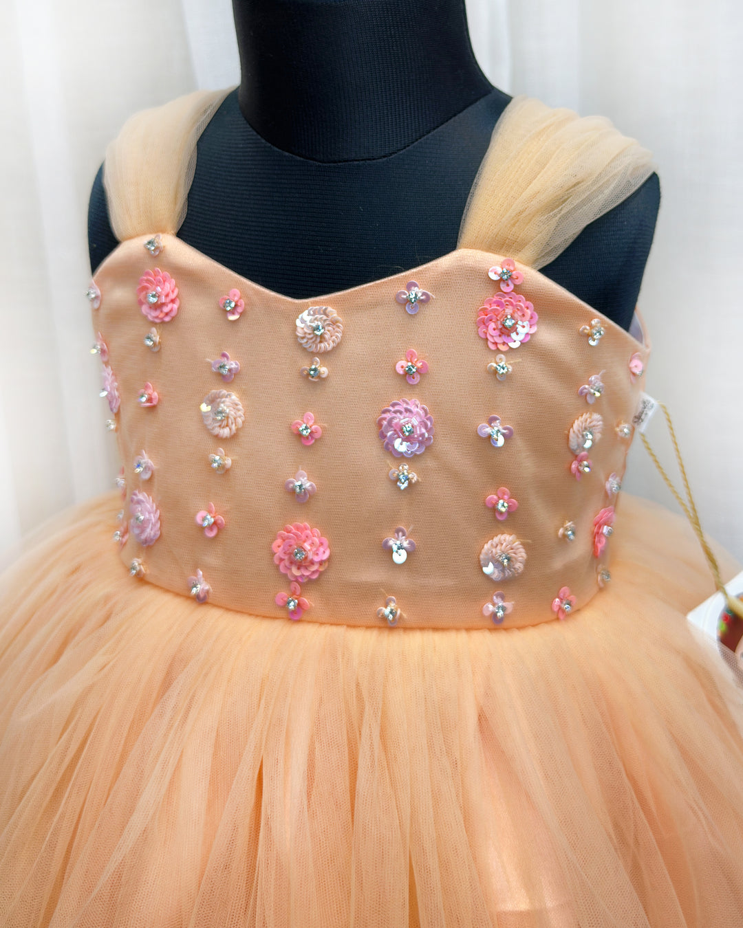 light peach sequins birthday dress for baby girls

baby girl partywear frock with sequins handwork

premium peach birthday frock for toddlers

baby girls festive party dress peach color

kids birthday dress with hand embroidery