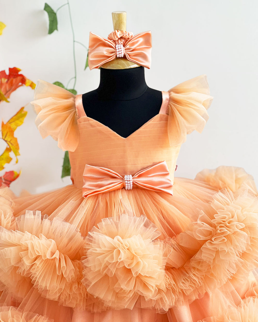 Light pumpkin shade baby girls birthday dress, heavy ruffles partywear frock, baby girl birthday outfit