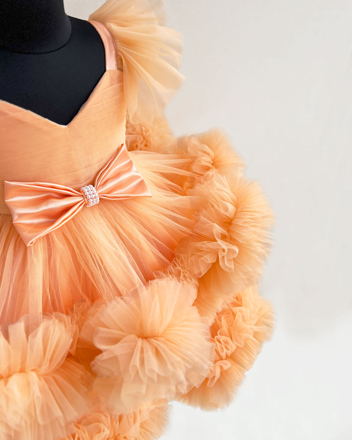 Light pumpkin shade baby girls birthday dress, heavy ruffles partywear frock, baby girl birthday outfit