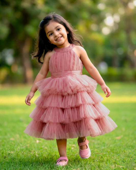 Light chocolate halter neck layered frock front view baby girl – Stanwells Kids