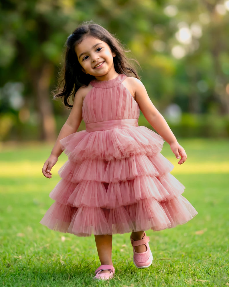 Light Chocolate Layered Frock – Stylish Halter Neck Birthday Partywear for Girls