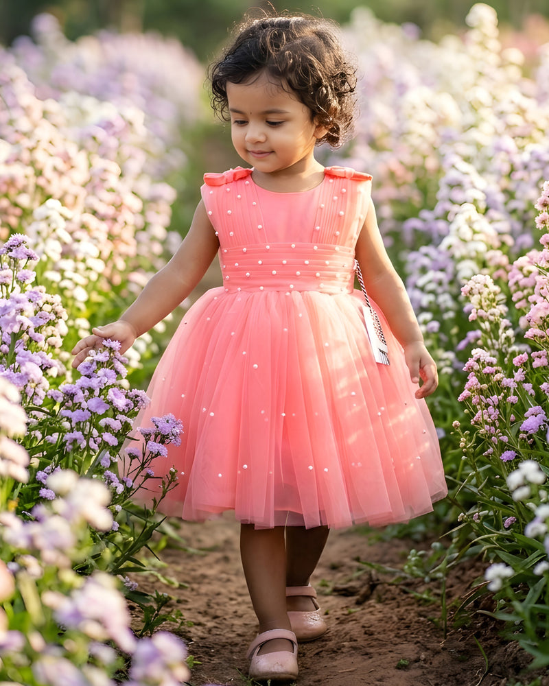 Light Peach Pearl Embroidery Frock – Stylish Party Dress for Kids
