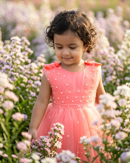 Light peach pearl embroidery frock side view baby girl – Stanwells Kids