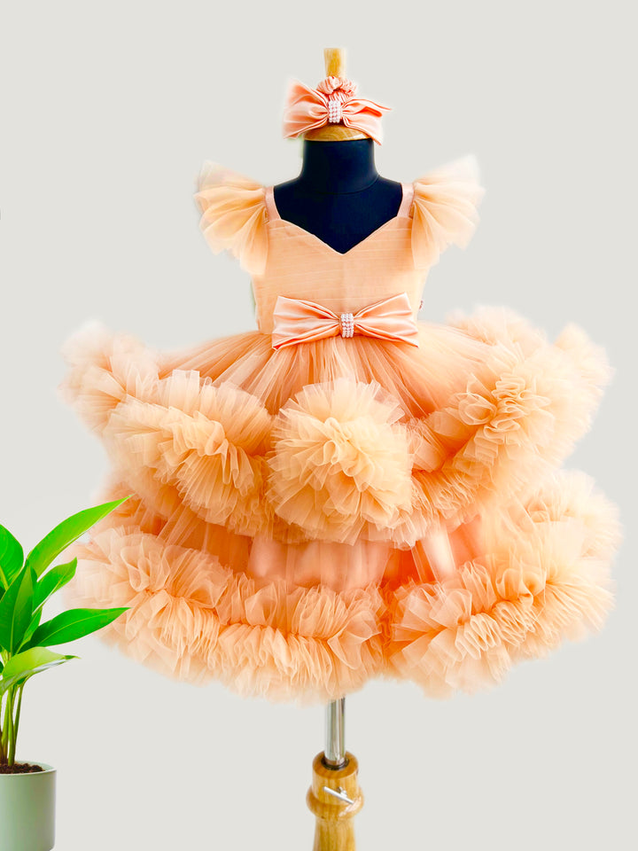 Light pumpkin shade baby girls birthday dress, heavy ruffles partywear frock, baby girl birthday outfit