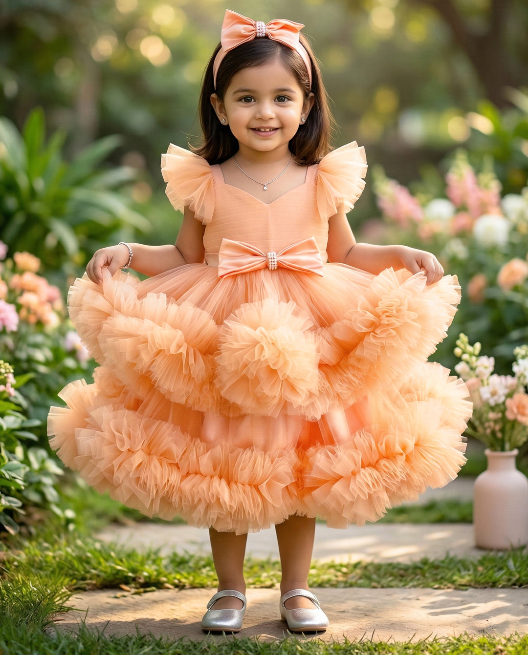 Light pumpkin shade baby girls birthday dress, heavy ruffles partywear frock, baby girl birthday outfit