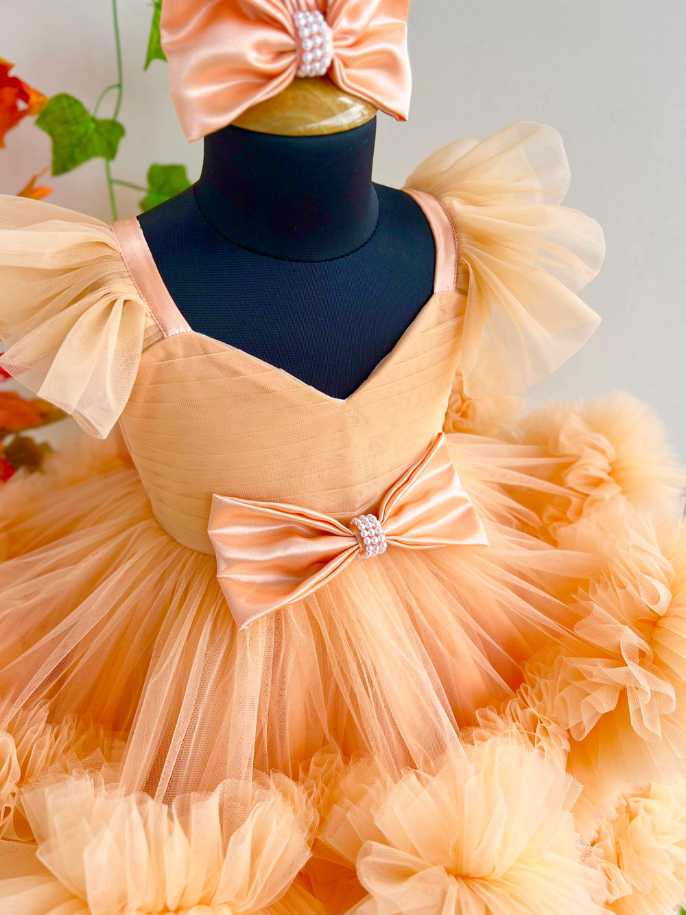 Light pumpkin shade baby girls birthday dress, heavy ruffles partywear frock, baby girl birthday outfit