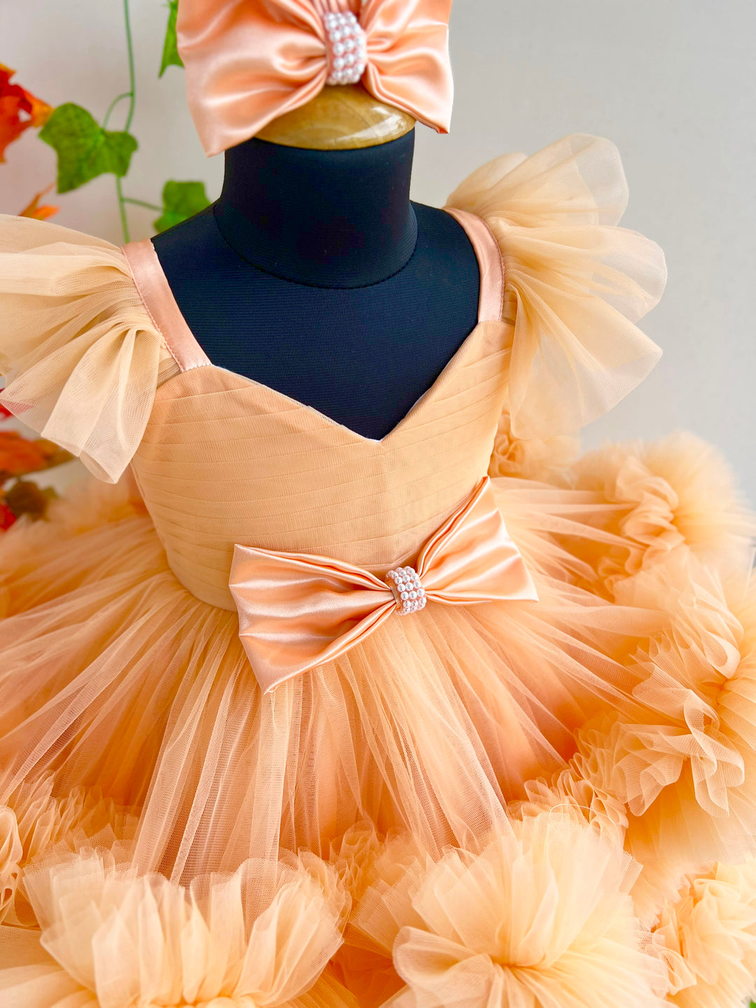 Light pumpkin shade baby girls birthday dress, heavy ruffles partywear frock, baby girl birthday outfit